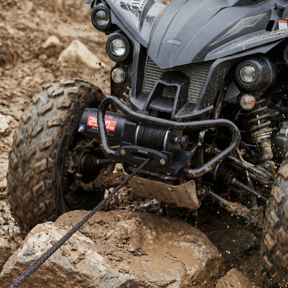 VEVOR Cabrestante Eléctrico 12V 1134 kg para ATV con Cuerda Sintética de 4,8 mm x 12 m, Motor 0,9 kW, Control Remoto con Cable, Soporte de Montaje, Guía de Cable y Gancho para Todoterreno Exteriores