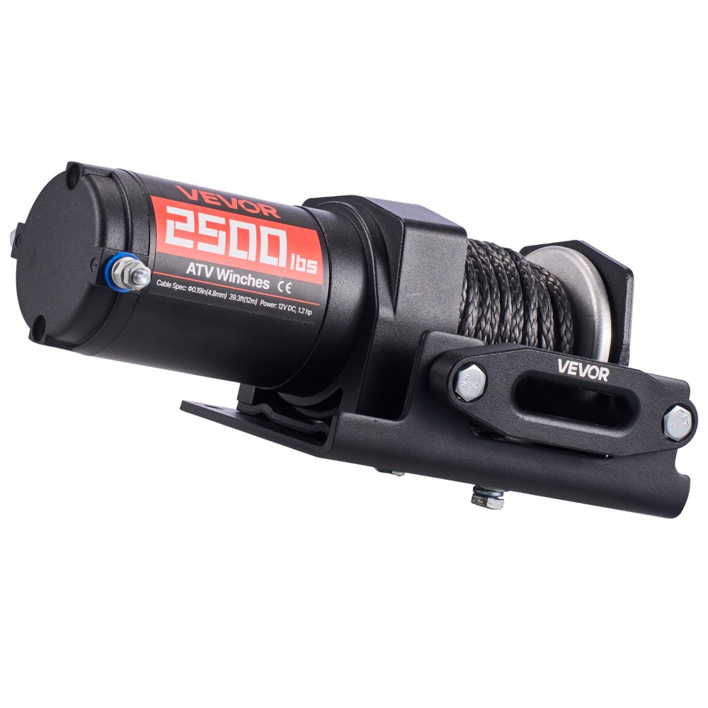 VEVOR Cabrestante Eléctrico 12V 1134 kg para ATV con Cuerda Sintética de 4,8 mm x 12 m, Motor 0,9 kW, Control Remoto con Cable, Soporte de Montaje, Guía de Cable y Gancho para Todoterreno Exteriores
