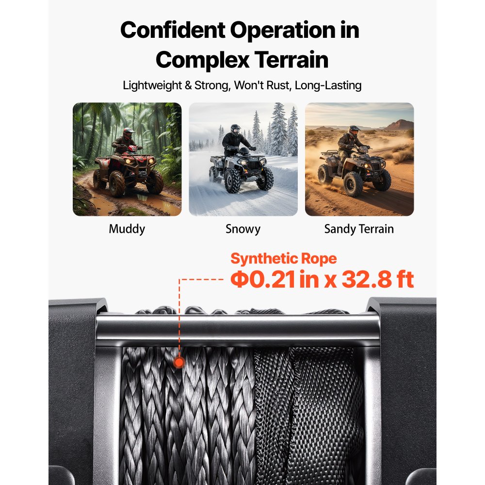 VEVOR Cabrestante Eléctrico 12V 1587 kg para ATV con Cuerda Sintética de 5 mm x 10 m, Motor 0,97 kW, Control Remoto con Cable, Gancho, Guía de Cable y Soporte de Montaje para Exteriores y Todoterreno