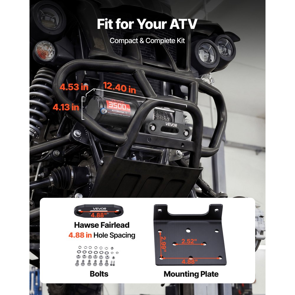 VEVOR Cabrestante Eléctrico 12V 1587 kg para ATV con Cuerda Sintética de 5 mm x 10 m, Motor 0,97 kW, Control Remoto con Cable, Gancho, Guía de Cable y Soporte de Montaje para Exteriores y Todoterreno
