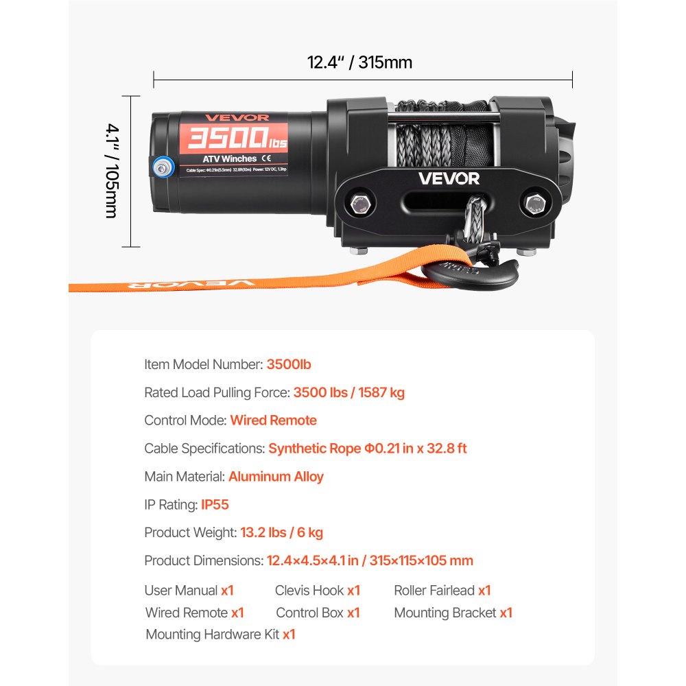 VEVOR Cabrestante Eléctrico 12V 1587 kg para ATV con Cuerda Sintética de 5 mm x 10 m, Motor 0,97 kW, Control Remoto con Cable, Gancho, Guía de Cable y Soporte de Montaje para Exteriores y Todoterreno