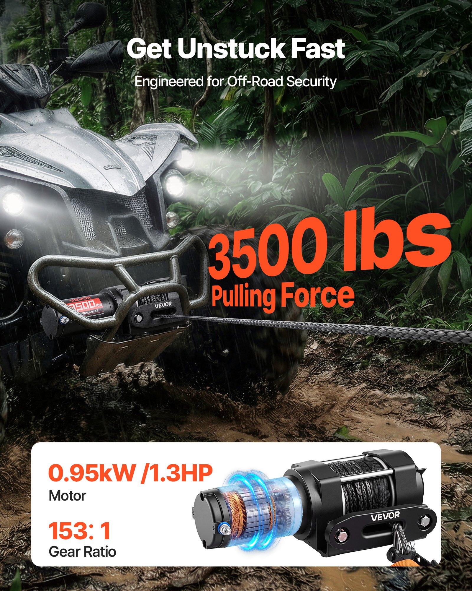 VEVOR Cabrestante Eléctrico 12V 1587 kg para ATV con Cuerda Sintética de 5 mm x 10 m, Motor 0,97 kW, Control Remoto con Cable, Gancho, Guía de Cable y Soporte de Montaje para Exteriores y Todoterreno