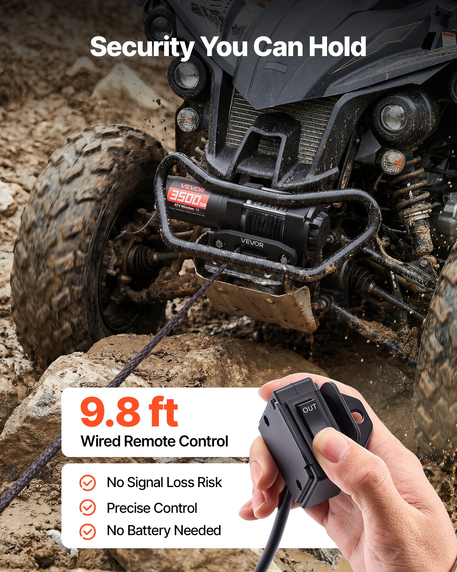VEVOR Cabrestante Eléctrico 12V 1587 kg para ATV con Cuerda Sintética de 5 mm x 10 m, Motor 0,97 kW, Control Remoto con Cable, Gancho, Guía de Cable y Soporte de Montaje para Exteriores y Todoterreno
