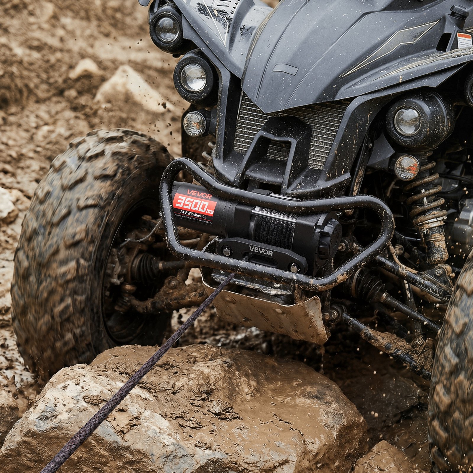VEVOR Cabrestante Eléctrico 12V 1587 kg para ATV con Cuerda Sintética de 5 mm x 10 m, Motor 0,97 kW, Control Remoto con Cable, Gancho, Guía de Cable y Soporte de Montaje para Exteriores y Todoterreno