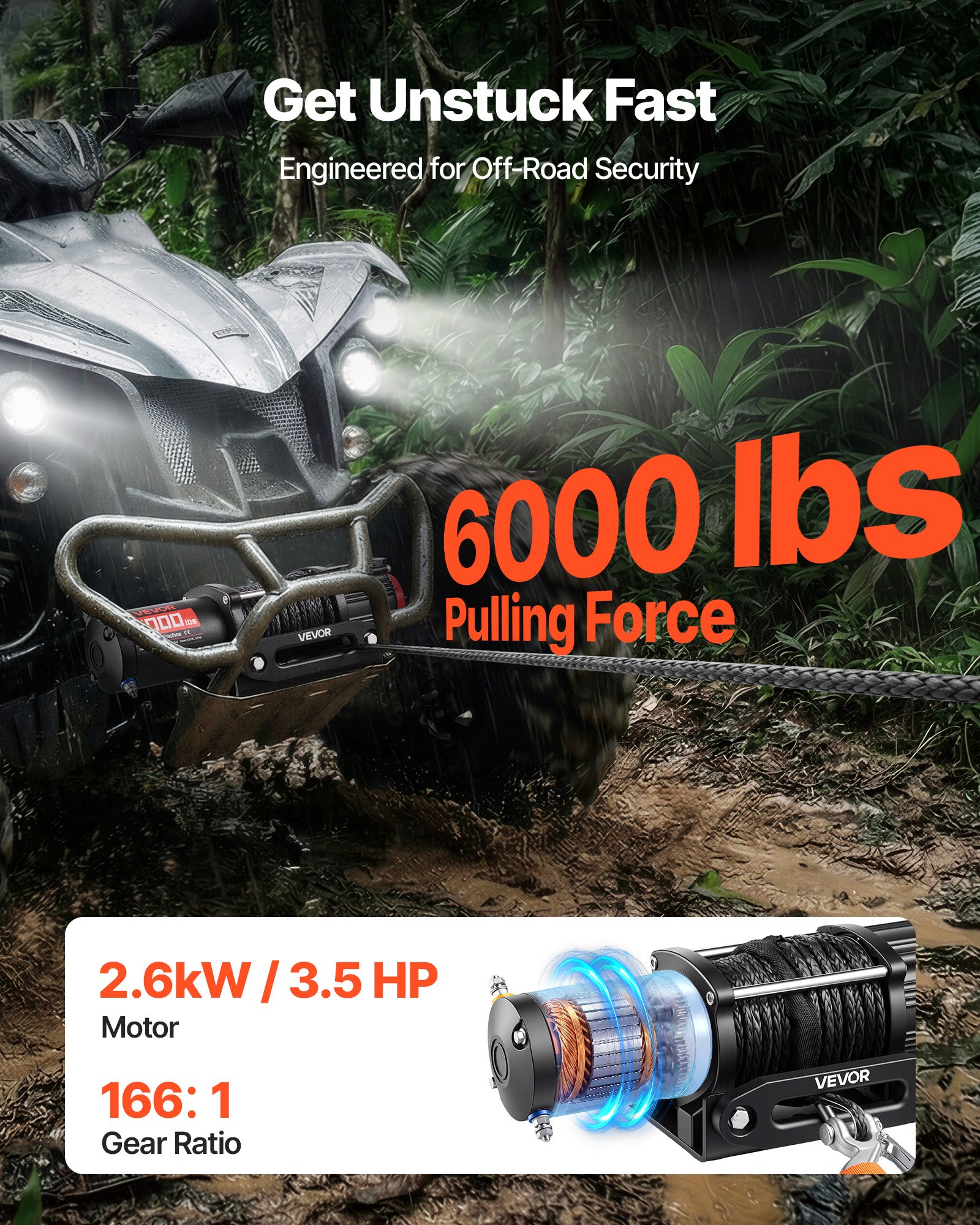 VEVOR Cabrestante Eléctrico 12V 2721 kg para ATV UTV con Cuerda Sintética de 6 mm x 15 m, Motor 2,6 kW, Control Remoto con Cable, Guía de Cable, Gancho y Soporte de Montaje para Exteriores Todoterreno