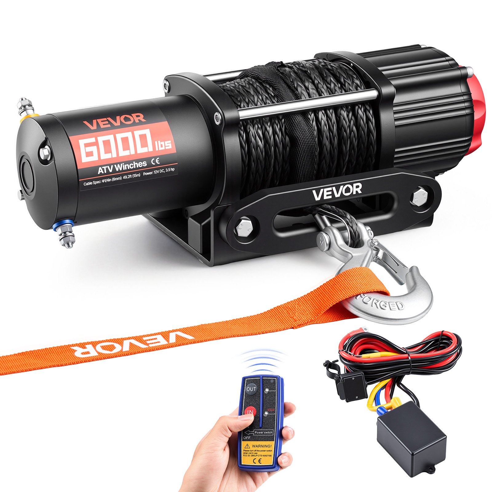VEVOR Cabrestante Eléctrico 12V 2721 kg para ATV UTV con Cuerda Sintética de 6 mm x 15 m, Motor 2,6 kW, Control Remoto con Cable, Guía de Cable, Gancho y Soporte de Montaje para Exteriores Todoterreno