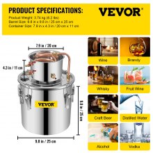 VEVOR Destilar Alcohol Destilador de Agua 11,4 L Acero Inoxidable 25 x 25 cm Enfriamiento Rápido