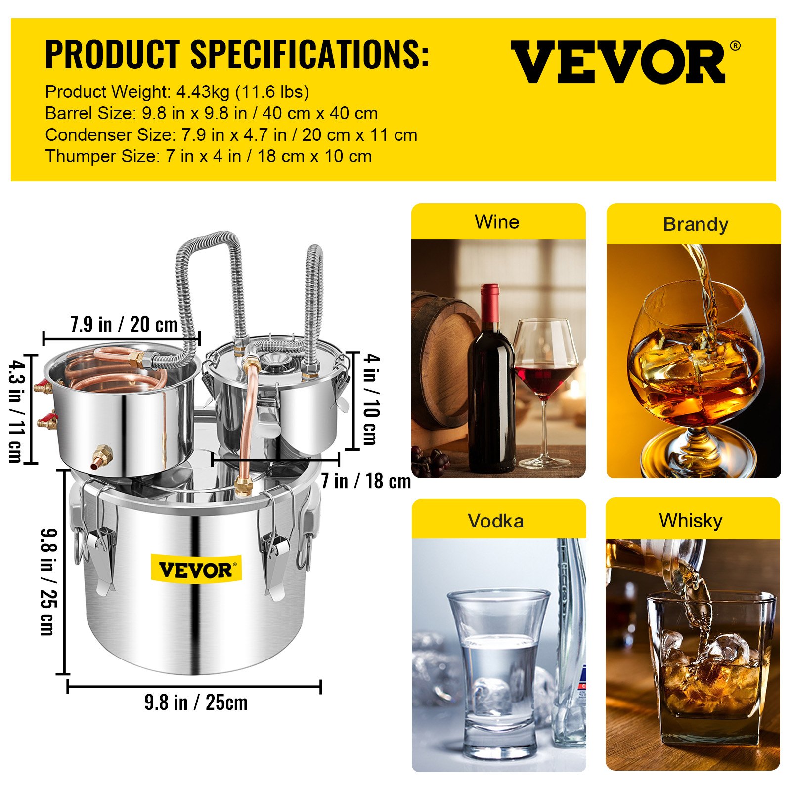 VEVOR Destilar Alcohol Destilador de Agua 12,3 L Máquina para el Agua Destilada Casera Destilación Filtro Purificador Acero Inoxidable