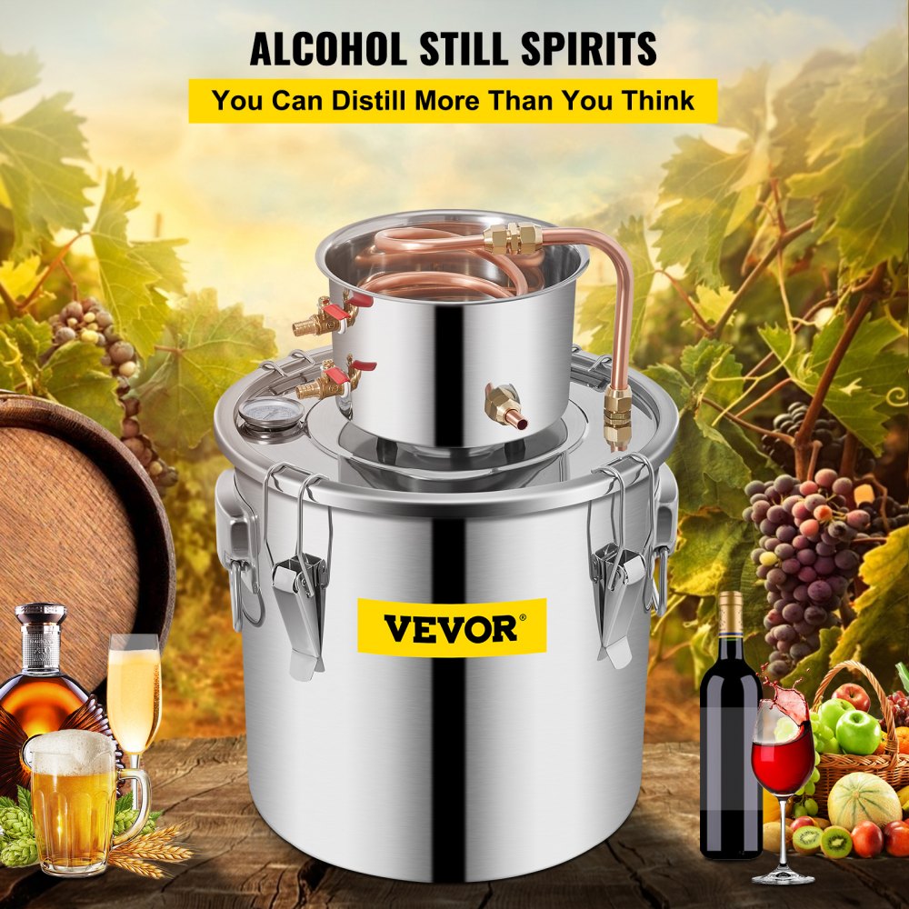 VEVOR Destilador de Alcohol de Agua 30 L Kit de Destilación con Bomba de Circulación, Tubo de Cobre para Alambique de Alcohol con Termómetro Incorporado para Whisky, Alcohol DIY, Acero Inoxidable