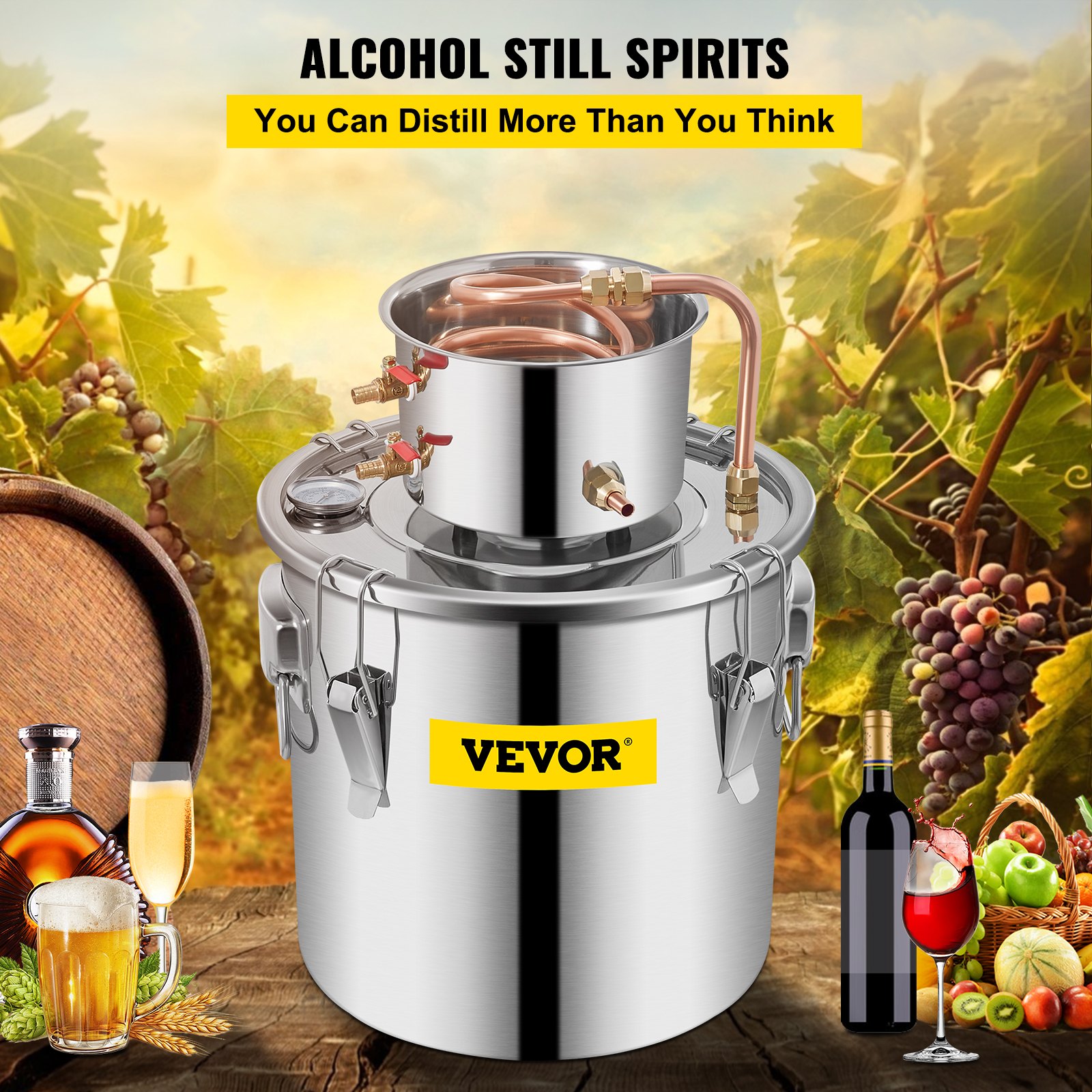 VEVOR Destilador de Alcohol de Agua 30 L Kit de Destilación con Bomba de Circulación, Tubo de Cobre para Alambique de Alcohol con Termómetro Incorporado para Whisky, Alcohol DIY, Acero Inoxidable