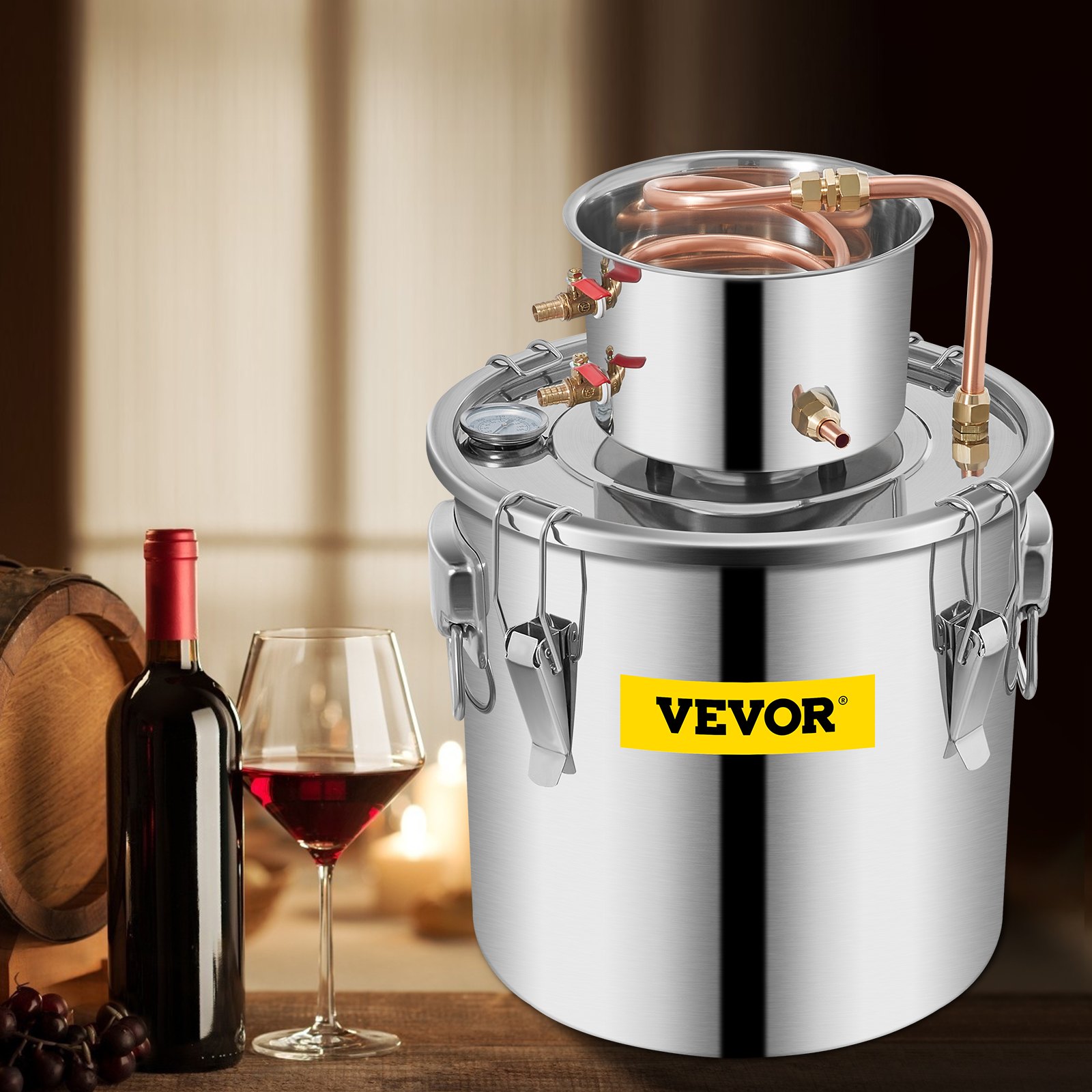 VEVOR Destilador de Alcohol de Agua 30 L Kit de Destilación con Bomba de Circulación, Tubo de Cobre para Alambique de Alcohol con Termómetro Incorporado para Whisky, Alcohol DIY, Acero Inoxidable