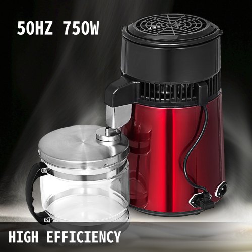 VEVOR Destilador de Agua 4L Filtro de Destilación de Agua de Acero Inoxidable 750W Destilación Casera de Color Rojo Filtro Purificador Dispensador de Agua para Hospitales Oficinas Hogares
