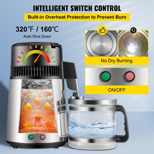 VEVOR Destilador de Agua 4L Filtro de Destilación de Agua de Acero Inoxidable 750W Destilación Casera de Color Plata Filtro Purificador Dispensador de Agua para Hospitales Oficinas Hogares