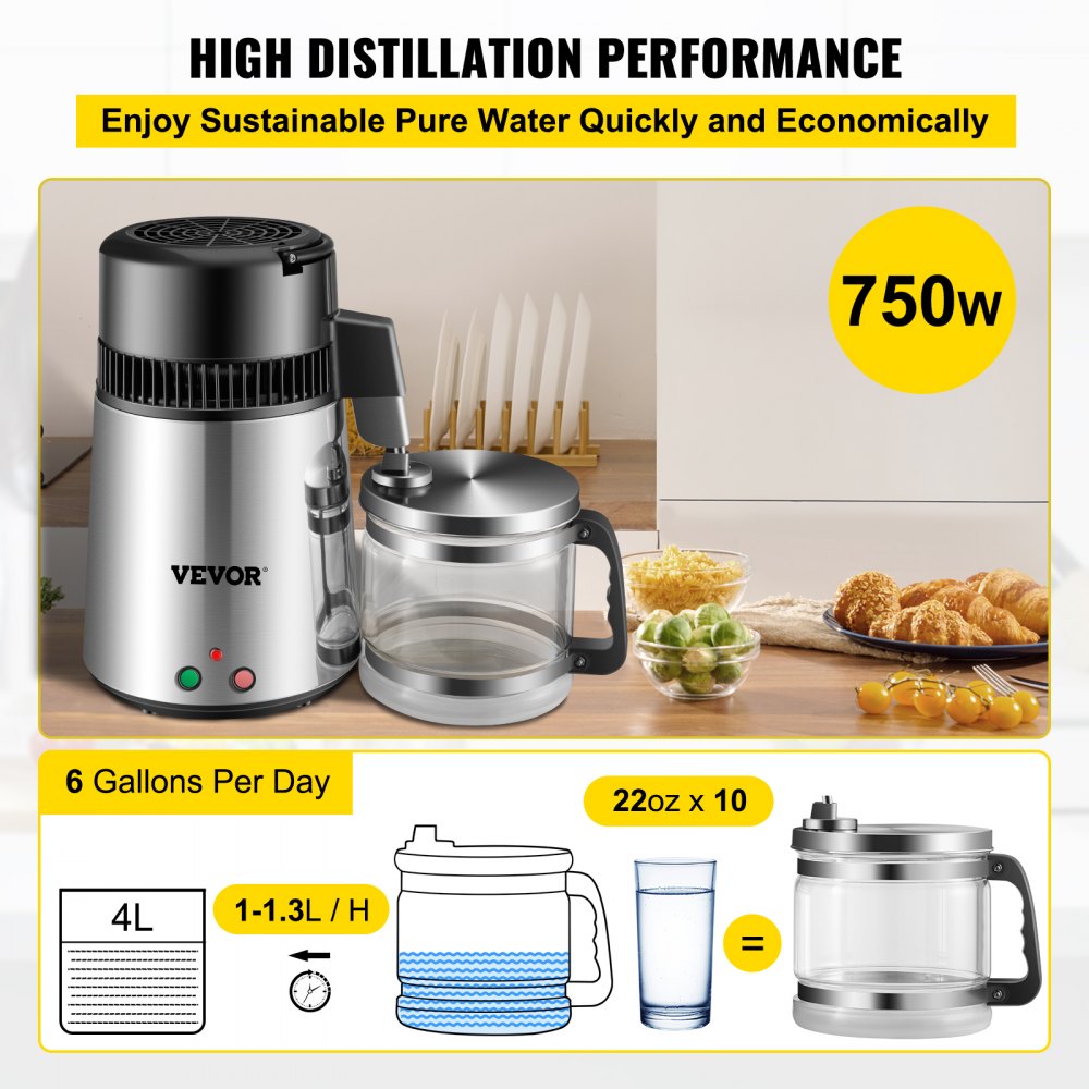 VEVOR Destilador de Agua 4L Filtro de Destilación de Agua de Acero Inoxidable 750W Destilación Casera de Color Plata Filtro Purificador Dispensador de Agua para Hospitales Oficinas Hogares