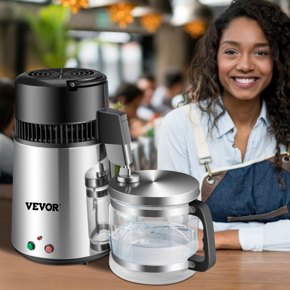 VEVOR Destilador de Agua 4L Filtro de Destilación de Agua de Acero Inoxidable 750W Destilación Casera de Color Plata Filtro Purificador Dispensador de Agua para Hospitales Oficinas Hogares