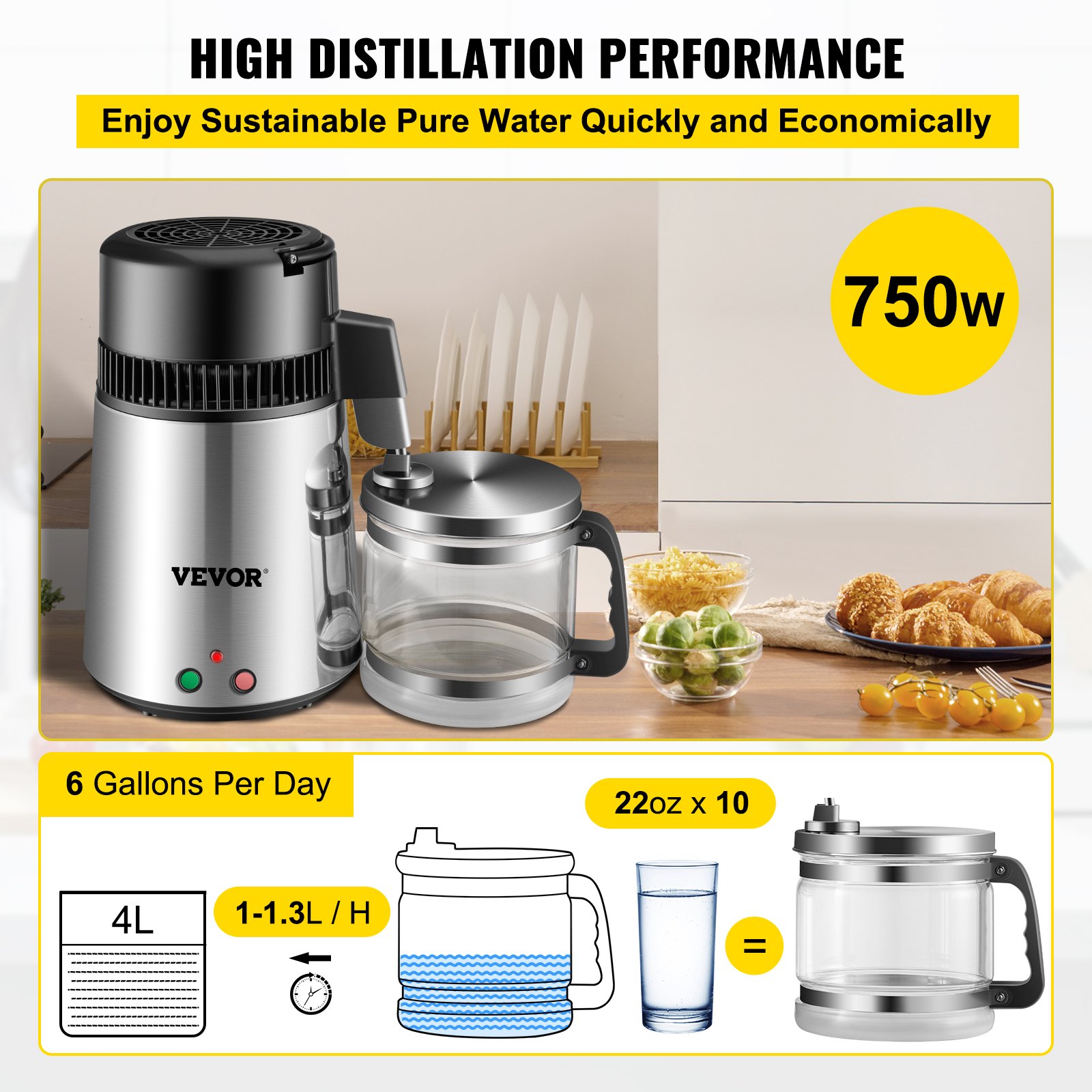 VEVOR Destilador de Agua 4L Filtro de Destilación de Agua de Acero Inoxidable 750W Destilación Casera de Color Plata Filtro Purificador Dispensador de Agua para Hospitales Oficinas Hogares