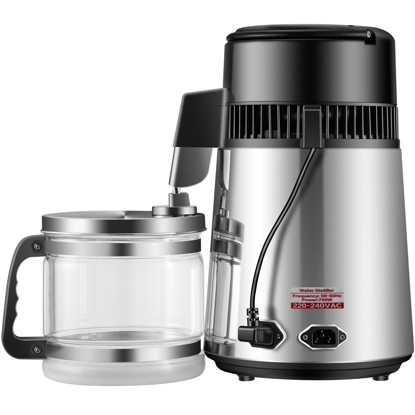VEVOR Destilador de Agua 4L Filtro de Destilación de Agua de Acero Inoxidable 750W Destilación Casera de Color Plata Filtro Purificador Dispensador de Agua para Hospitales Oficinas Hogares