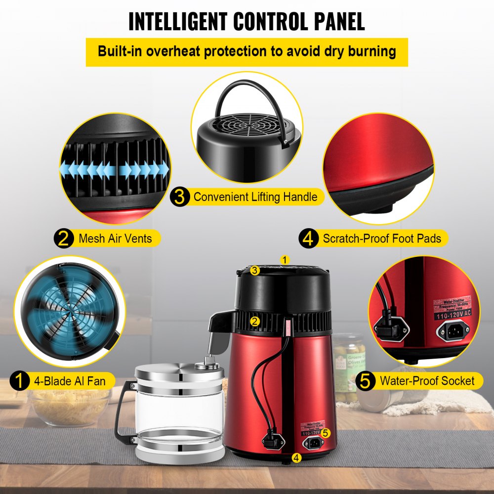 VEVOR Destilador de Agua 4L con Temperatura Ajustable Filtro de Destilación de Agua de Acero Inoxidable 750W Destilación Casera de Color Rojo Purificador Dispensador para Hospital Oficinas Hogar