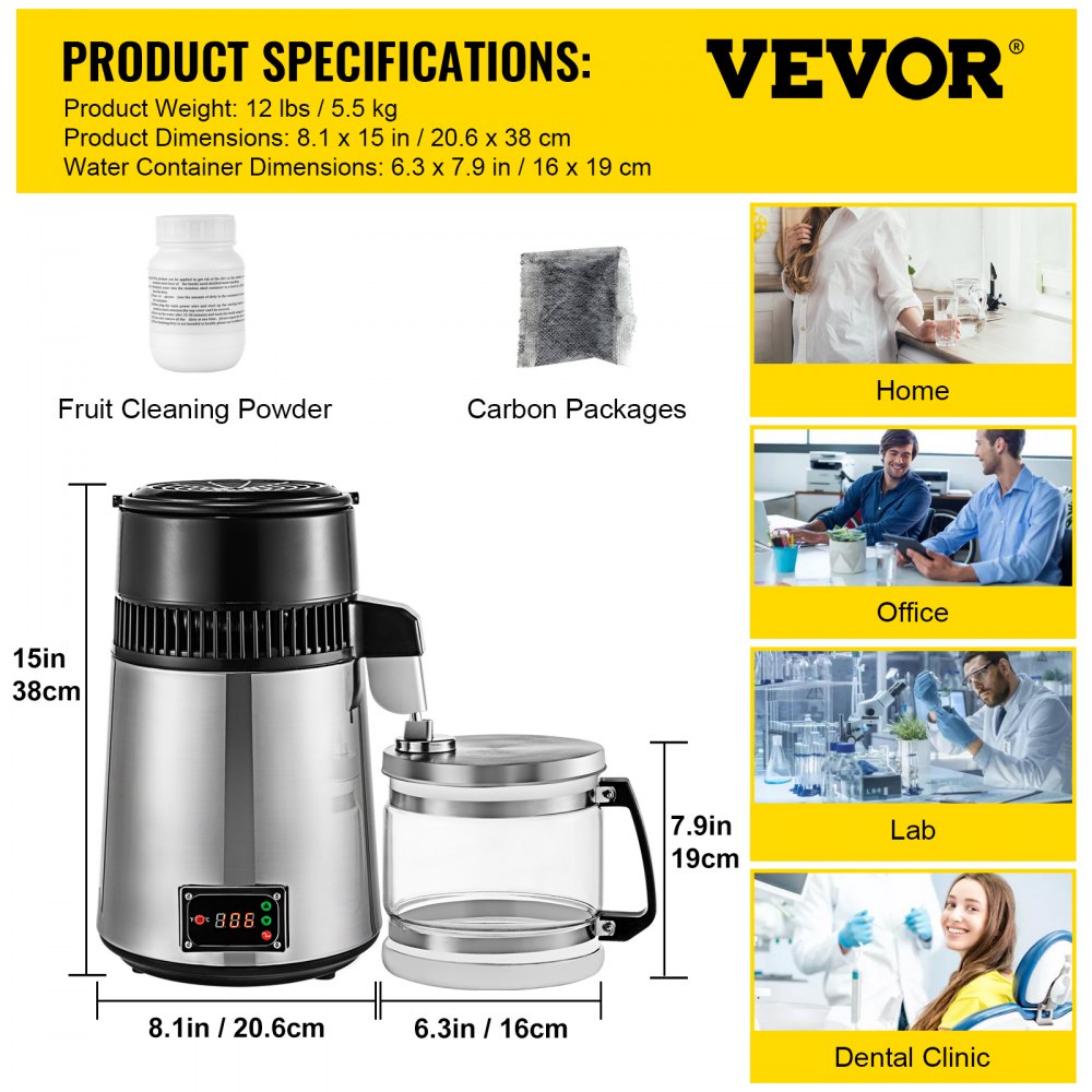 VEVOR SC-3 Professional Water Distiller, Stainless Steel, 750W Power and 4L Capacity, for Laboratories, Hospitals, Offices, Distillation Efficiency 1L/h