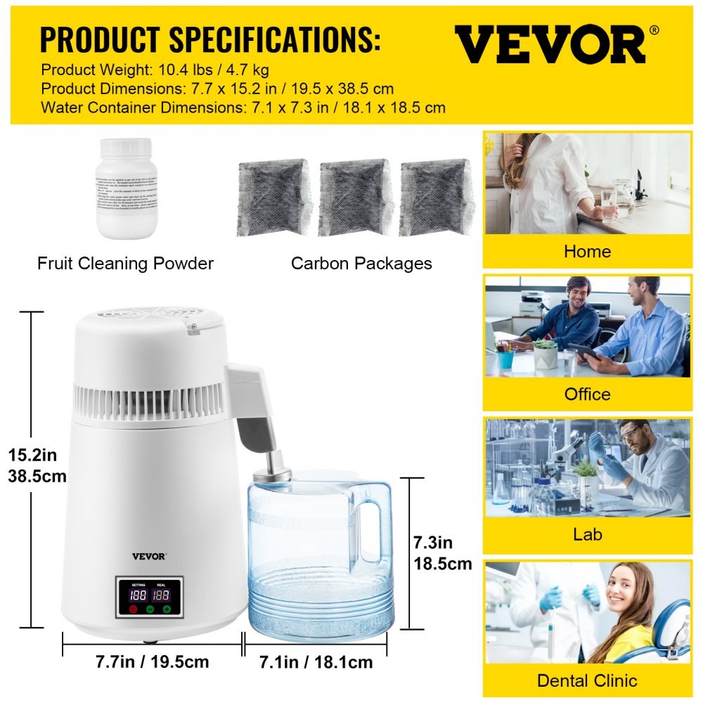 VEVOR Destilador de Agua 4 L Filtro de Destilación de Agua con Jarra de Filtro 750 W 1 L/H Destilación Filtro Purificador con Botella Recolectora Plástica Temperatura Ajustable Acero Inoxidable Blanco