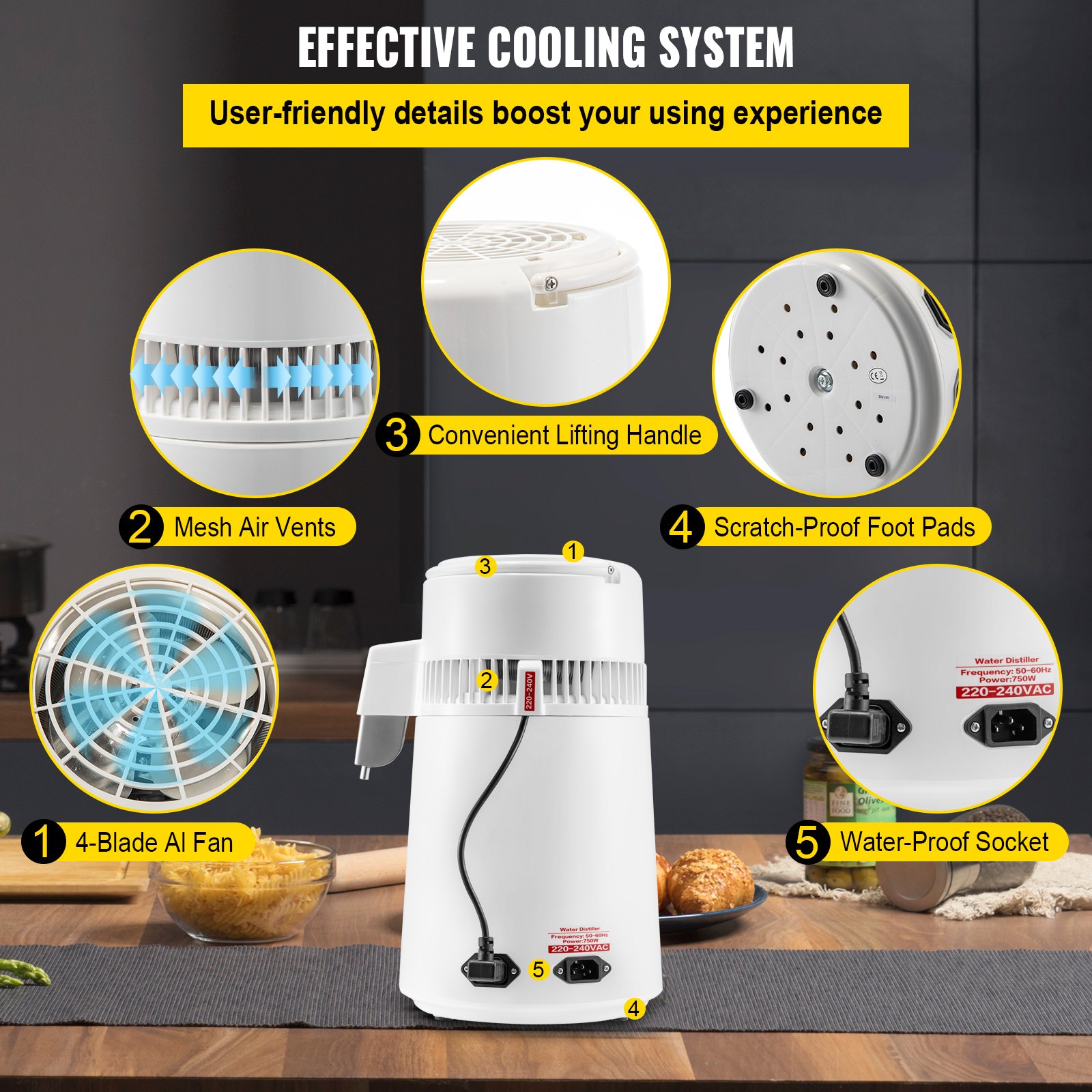 VEVOR Destilador de Agua 4 L Filtro de Destilación de Agua con Jarra de Filtro 750 W 1 L/H Destilación Filtro Purificador con Botella Recolectora Plástica Temperatura Ajustable Acero Inoxidable Blanco