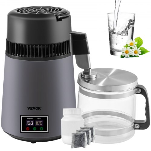 VEVOR Destilador de Agua 4 L Filtro de Destilación de Agua con Jarra de Filtro 750 W 1 L/H Destilación Filtro Purificador con Botella Recolectora de Vidrio Temperatura Ajustable Acero Inoxidable Gris