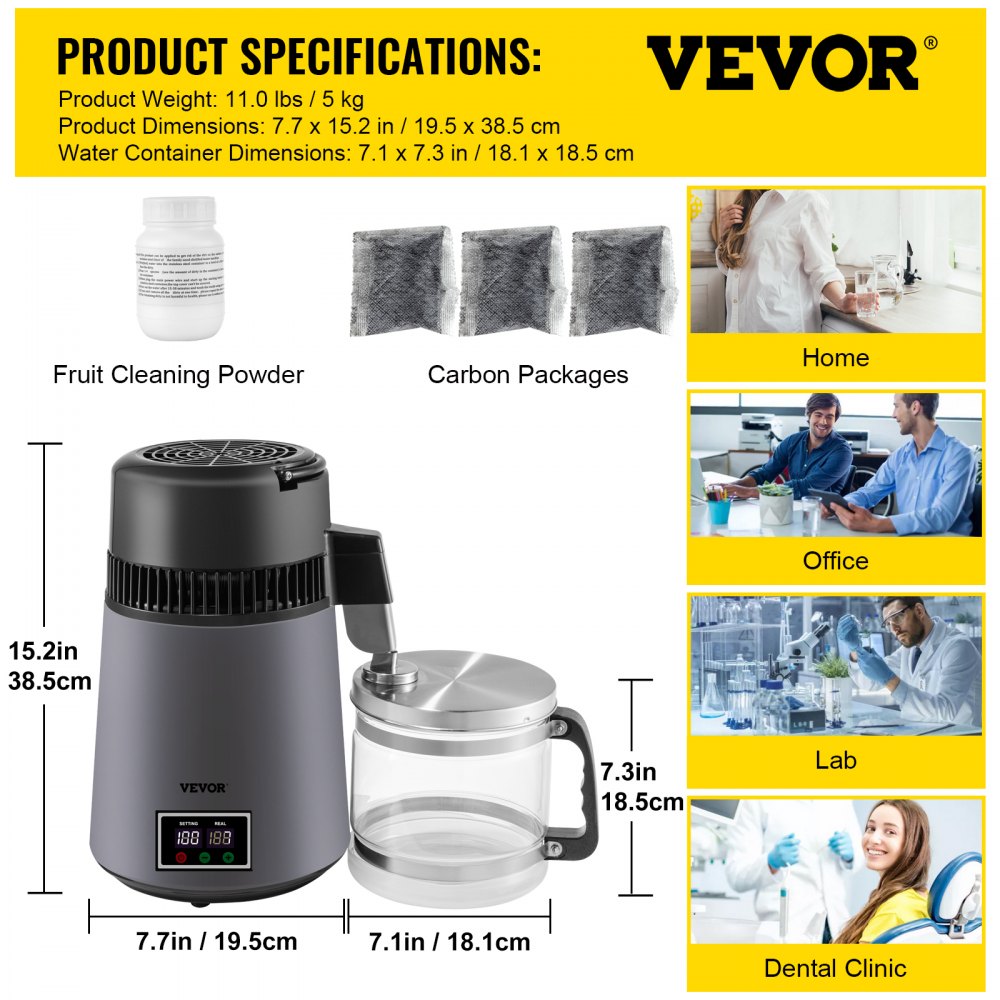 VEVOR Destilador de Agua 4 L Filtro de Destilación de Agua con Jarra de Filtro 750 W 1 L/H Destilación Filtro Purificador con Botella Recolectora de Vidrio Temperatura Ajustable Acero Inoxidable Gris