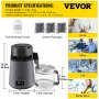 VEVOR Destilador de Agua 4 L Filtro de Destilación de Agua con Jarra de Filtro 750 W 1 L/H Destilación Filtro Purificador con Botella Recolectora de Vidrio Temperatura Ajustable Acero Inoxidable Gris
