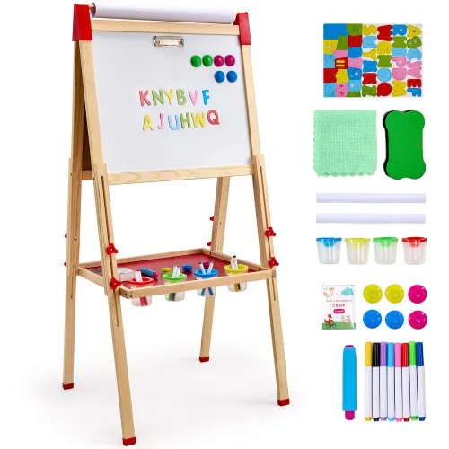 VEVOR Caballete de arte para niños, caballete de madera de doble cara 3 en 1 para niños con pizarra magnética, pizarrón y rollo de papel, tablero de dibujo ajustable con accesorios de pintura para niños y niñas