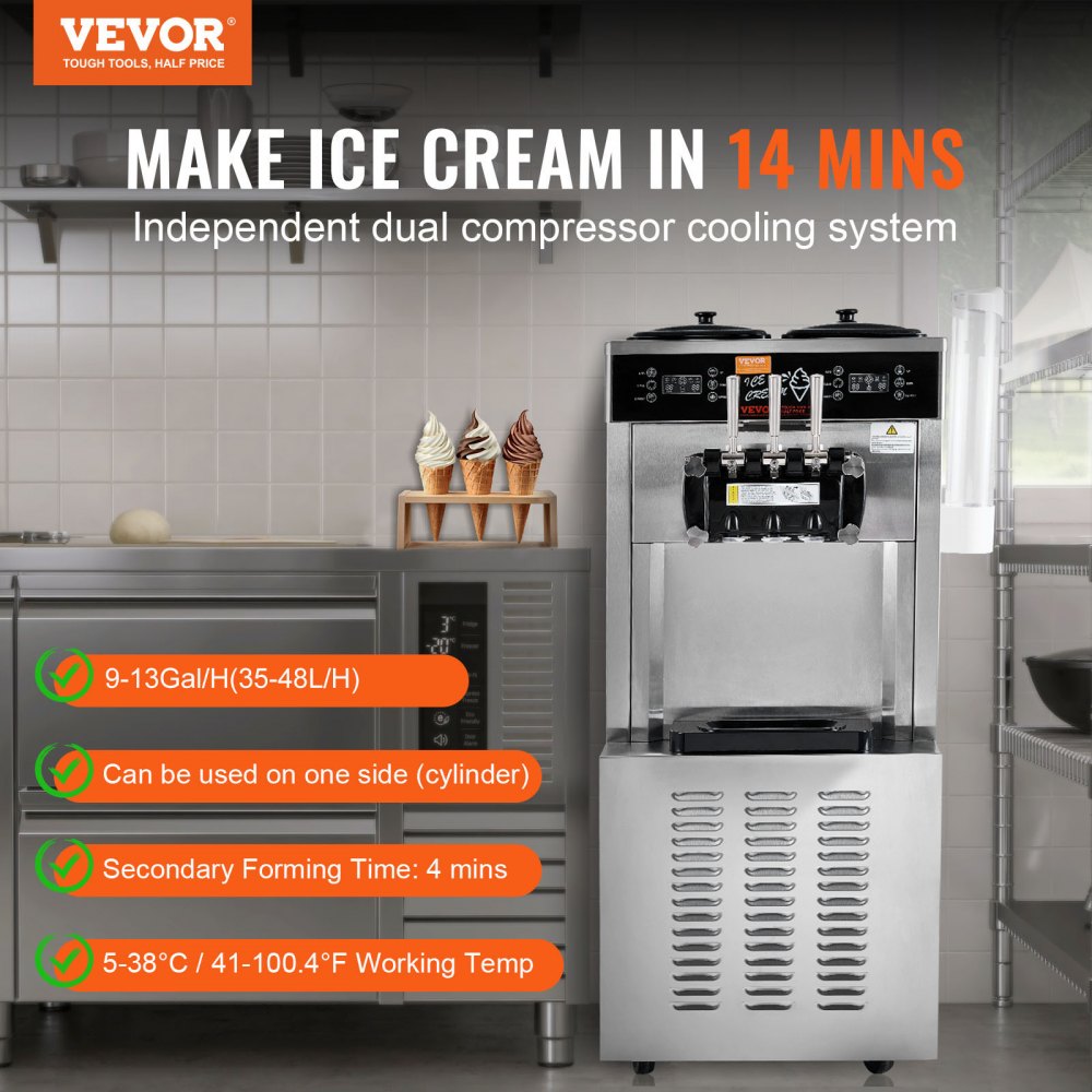 VEVOR Commercial Ice Cream Machine, 34-44 L/h Capacity, 1850 W, Freestanding Soft Serve Ice Cream Machine with 3 Flavors, 2 x 9 L Stainless Steel Containers, LED Panel, Single Cylinder Operation & Overnight Cooling