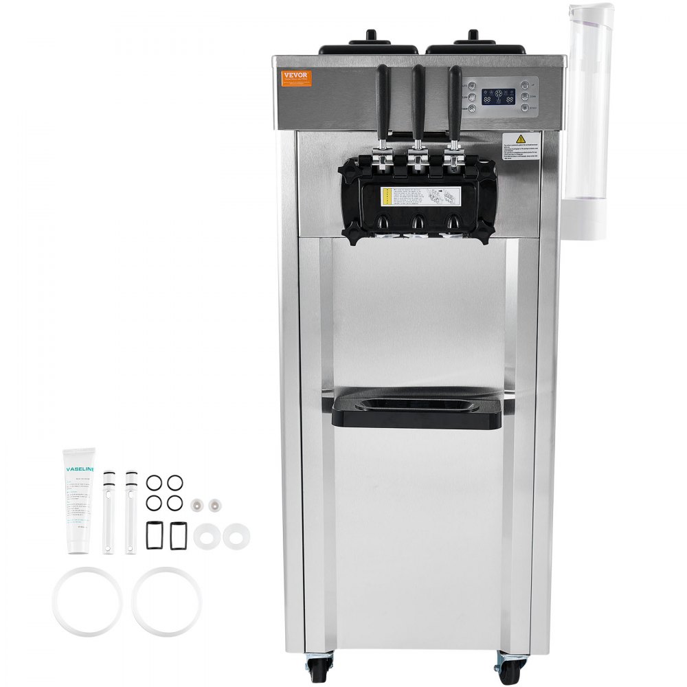 VEVOR Commercial Ice Cream Machine, 21-31 L/h Freestanding Soft Serve Ice Cream Machine with 3 Flavors, 2 x 4.3 L Stainless Steel Containers, LED Panel, Automatic Cleaning, Overnight Cooling