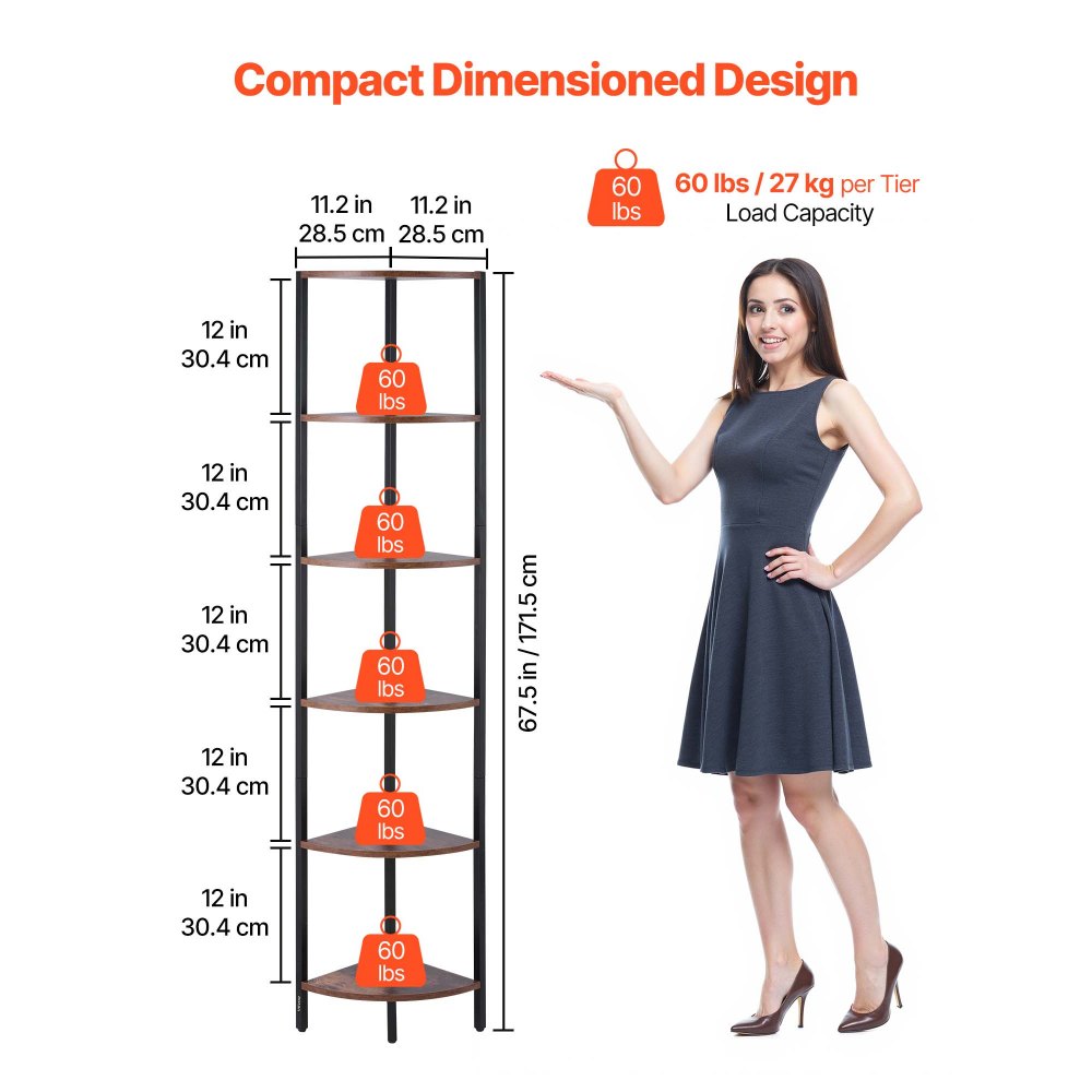VEVOR 6 Tier Corner Shelf, Tall Corner Stand with LED Light, Wall Shelves Tower Storage Organizer with Metal Frame & Wooden Shelves, Narrow Display Book Shelf Rack for Bedroom, Living Room, Office