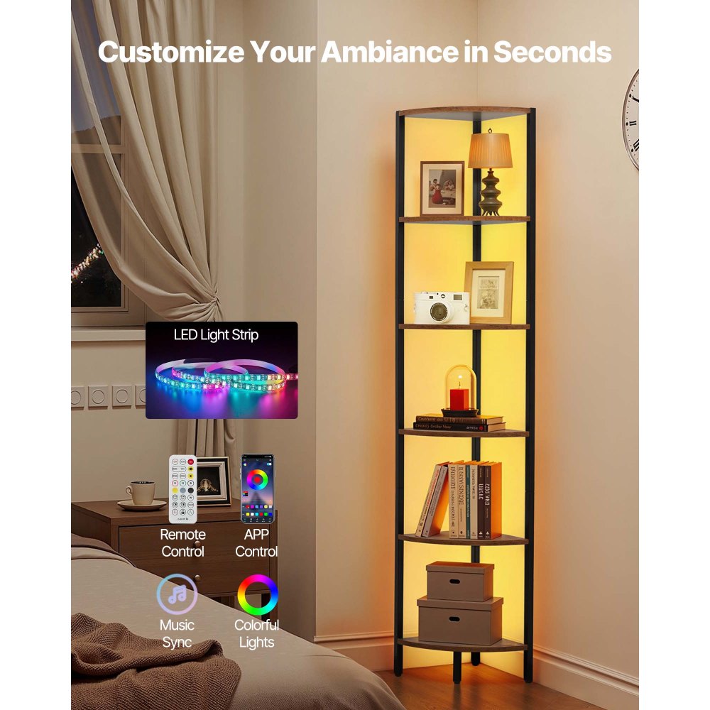 VEVOR Estante de Esquina 6 Niveles con Luz LED 28,5x28,5x171,5 cm Estantería de Esquina con Marco de Metal Estantes de Madera Librería de Almacenamiento para Dormitorio, Sala de Estar, Oficina