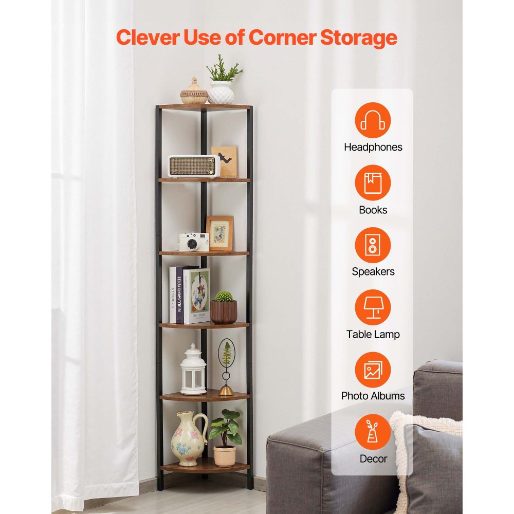 VEVOR Estante de Esquina 6 Niveles con Luz LED 28,5x28,5x171,5 cm Estantería de Esquina con Marco de Metal Estantes de Madera Librería de Almacenamiento para Dormitorio, Sala de Estar, Oficina