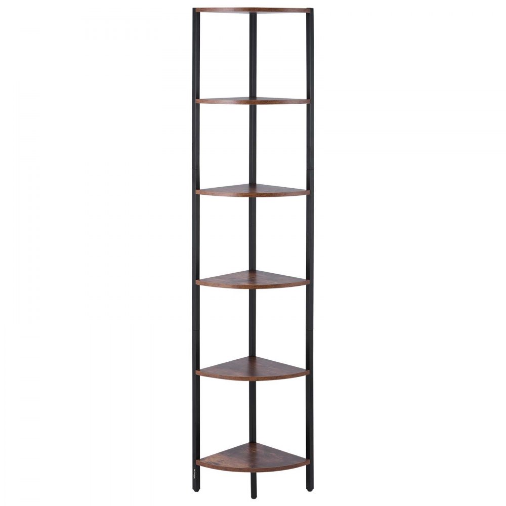 VEVOR Estante de Esquina 6 Niveles con Luz LED 28,5x28,5x171,5 cm Estantería de Esquina con Marco de Metal Estantes de Madera Librería de Almacenamiento para Dormitorio, Sala de Estar, Oficina