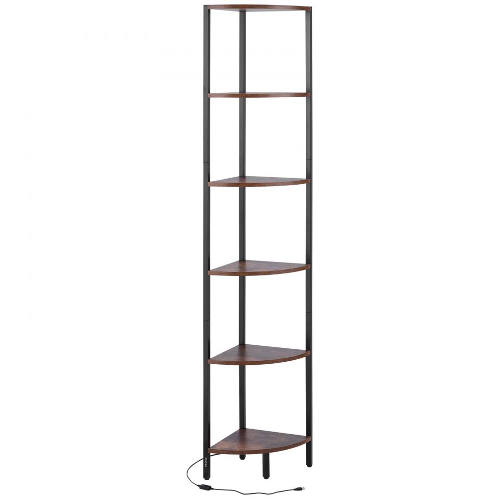 VEVOR Estante de Esquina 6 Niveles con Luz LED 28,5x28,5x171,5 cm Estantería de Esquina con Marco de Metal Estantes de Madera Librería de Almacenamiento para Dormitorio, Sala de Estar, Oficina