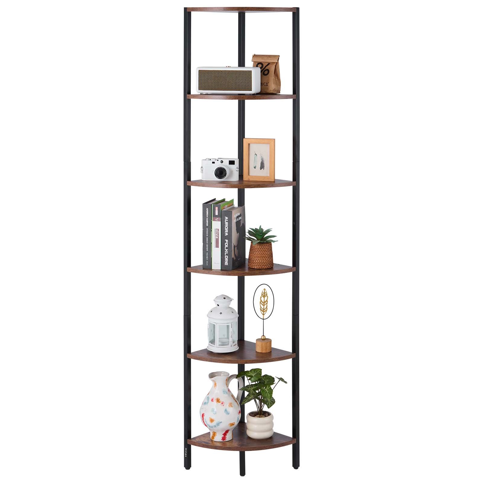 VEVOR 6 Tier Corner Shelf, Tall Corner Stand with LED Light, Wall Shelves Tower Storage Organizer with Metal Frame & Wooden Shelves, Narrow Display Book Shelf Rack for Bedroom, Living Room, Office