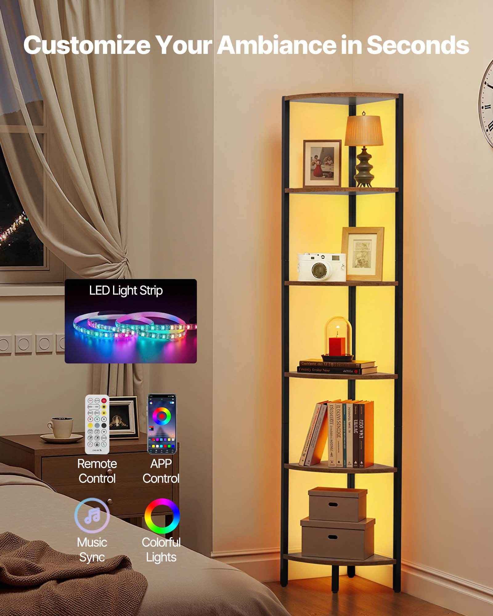 VEVOR Estante de Esquina 6 Niveles con Luz LED 28,5x28,5x171,5 cm Estantería de Esquina con Marco de Metal Estantes de Madera Librería de Almacenamiento para Dormitorio, Sala de Estar, Oficina