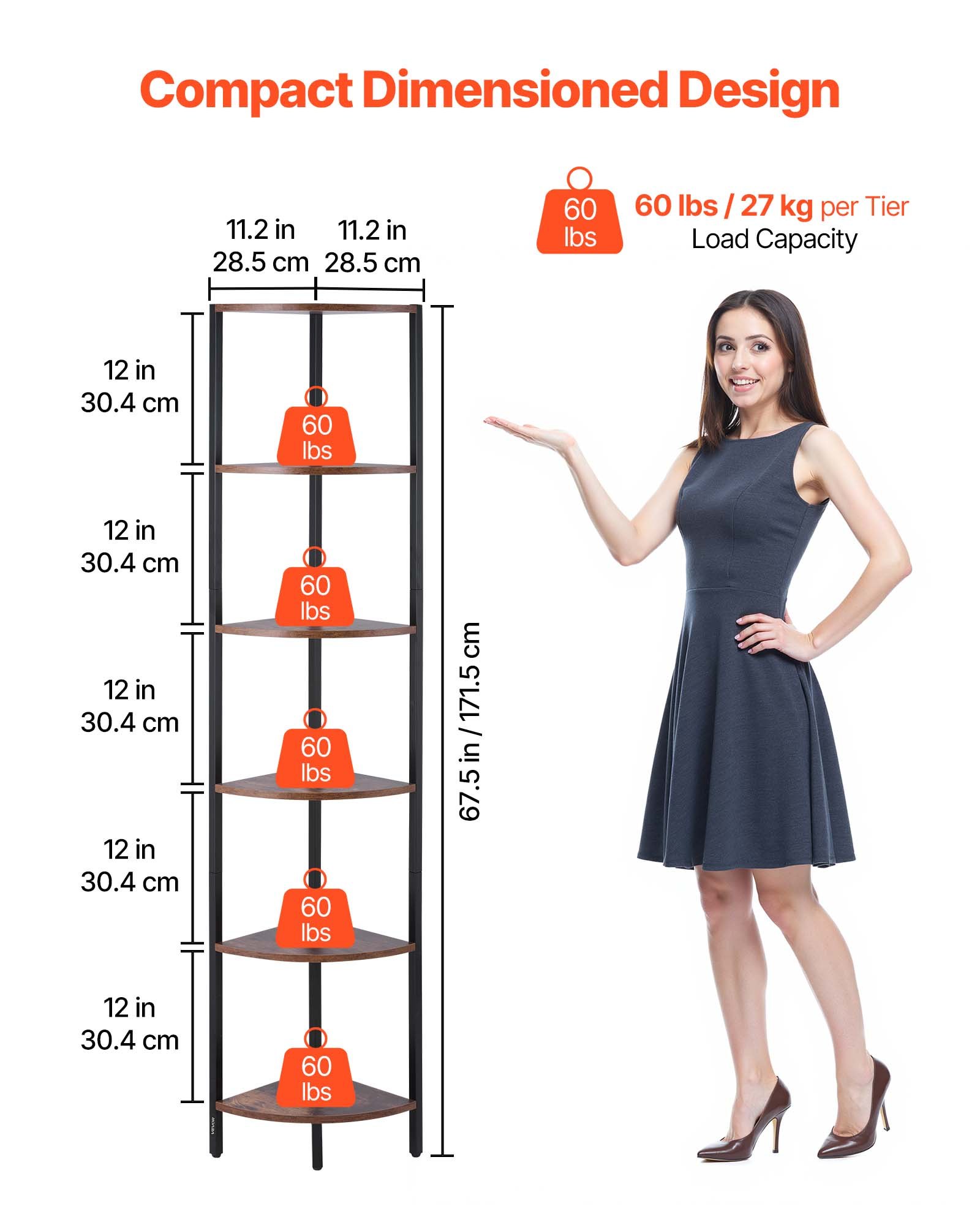 VEVOR Estante de Esquina 6 Niveles con Luz LED 28,5x28,5x171,5 cm Estantería de Esquina con Marco de Metal Estantes de Madera Librería de Almacenamiento para Dormitorio, Sala de Estar, Oficina