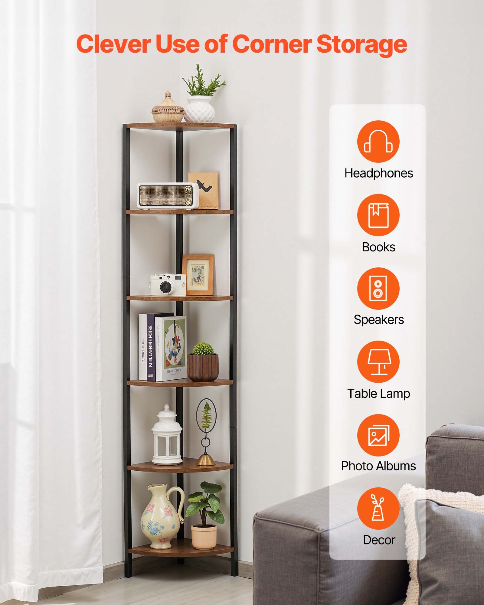VEVOR Estante de Esquina 6 Niveles con Luz LED 28,5x28,5x171,5 cm Estantería de Esquina con Marco de Metal Estantes de Madera Librería de Almacenamiento para Dormitorio, Sala de Estar, Oficina