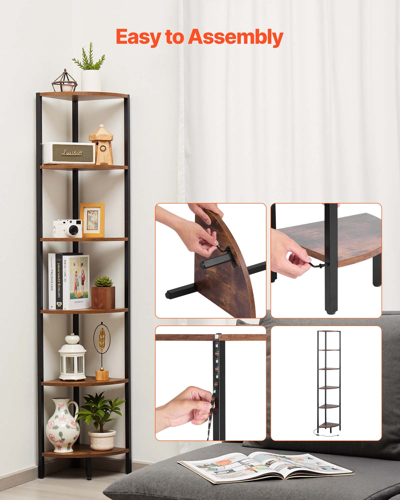 VEVOR Estante de Esquina 6 Niveles con Luz LED 28,5x28,5x171,5 cm Estantería de Esquina con Marco de Metal Estantes de Madera Librería de Almacenamiento para Dormitorio, Sala de Estar, Oficina