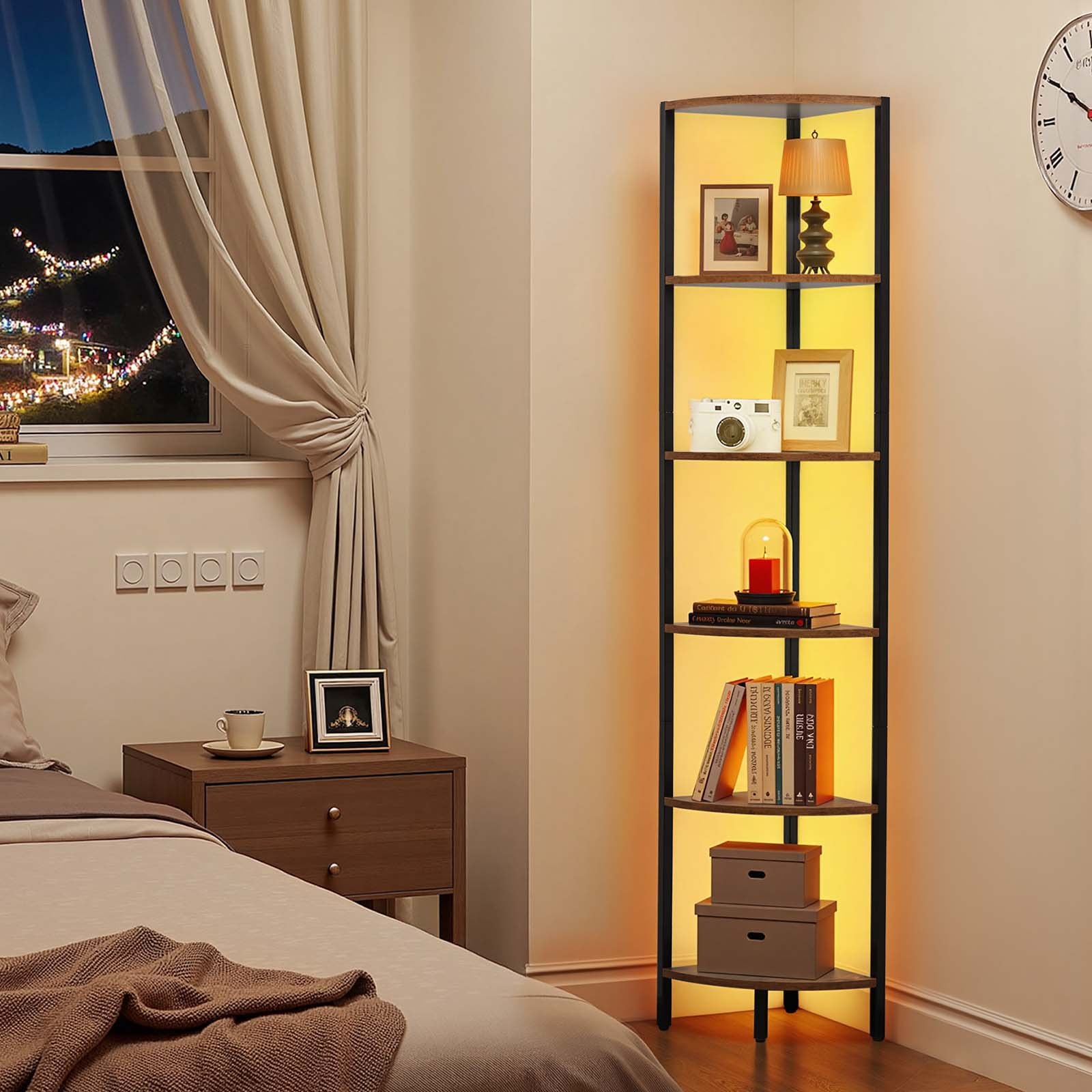 VEVOR Estante de Esquina 6 Niveles con Luz LED 28,5x28,5x171,5 cm Estantería de Esquina con Marco de Metal Estantes de Madera Librería de Almacenamiento para Dormitorio, Sala de Estar, Oficina
