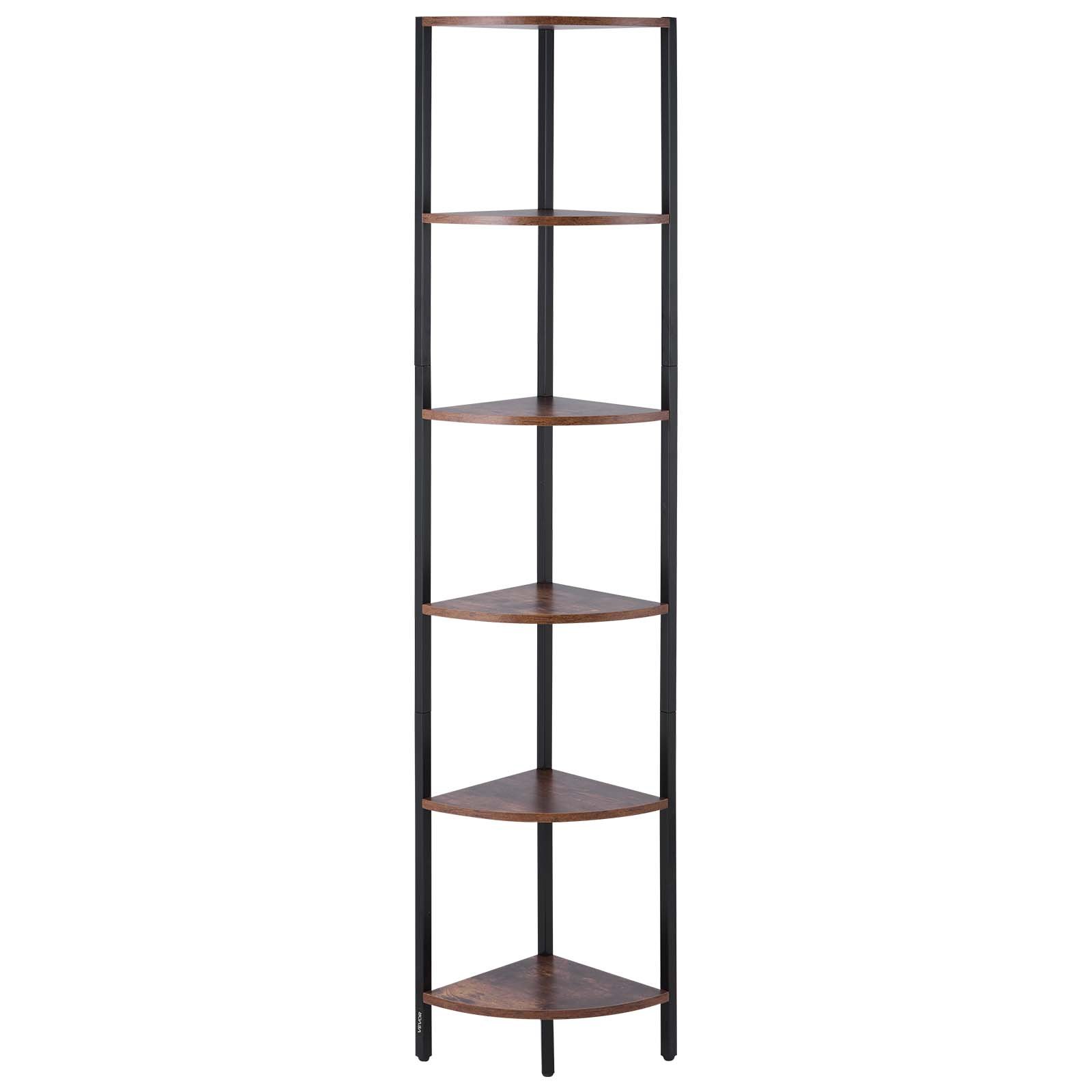 VEVOR Estante de Esquina 6 Niveles con Luz LED 28,5x28,5x171,5 cm Estantería de Esquina con Marco de Metal Estantes de Madera Librería de Almacenamiento para Dormitorio, Sala de Estar, Oficina