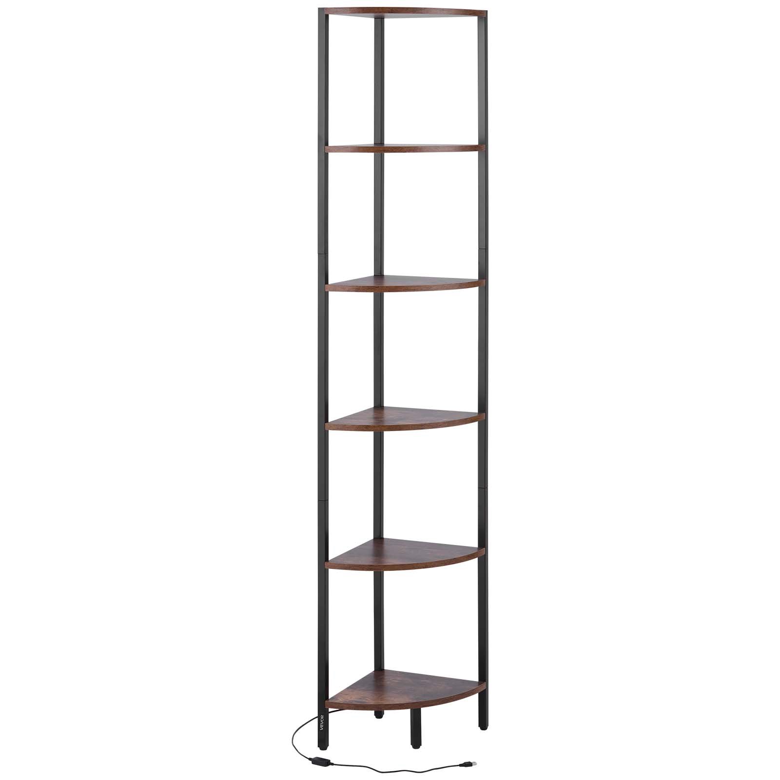VEVOR Estante de Esquina 6 Niveles con Luz LED 28,5x28,5x171,5 cm Estantería de Esquina con Marco de Metal Estantes de Madera Librería de Almacenamiento para Dormitorio, Sala de Estar, Oficina
