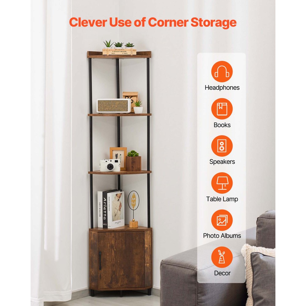 VEVOR 5 Tier Corner Shelf, Tall Corner Stand with LED Light and Doors, Wall Shelves Tower Storage Organizer, Metal Frame & Wooden Shelves, Narrow Display Book Shelf Rack for Home, Office, Rustic Brown