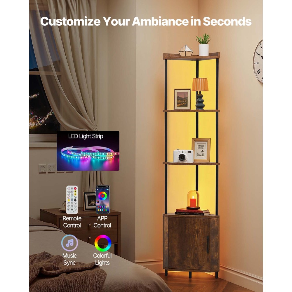 VEVOR Estante de Esquina 5 Niveles con Luz LED y Puertas 30,5x30,5x167,8 cm Estantería de Esquinera con Marco de Metal Estantes de Madera Librería de Almacenamiento para Dormitorio, Sala, Oficina