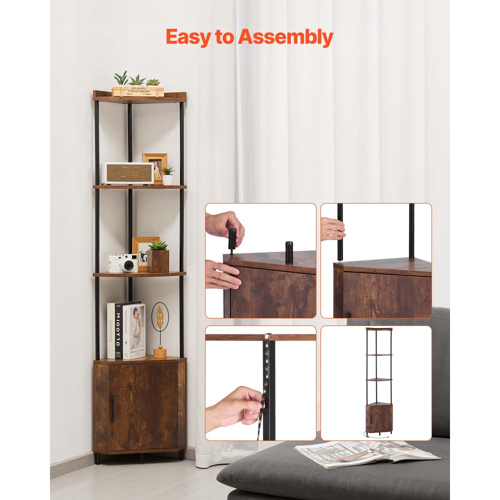 VEVOR Estante de Esquina 5 Niveles con Luz LED y Puertas 30,5x30,5x167,8 cm Estantería de Esquinera con Marco de Metal Estantes de Madera Librería de Almacenamiento para Dormitorio, Sala, Oficina