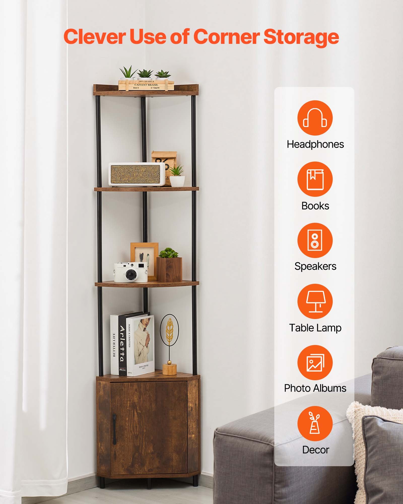 VEVOR 5 Tier Corner Shelf, Tall Corner Stand with LED Light and Doors, Wall Shelves Tower Storage Organizer, Metal Frame & Wooden Shelves, Narrow Display Book Shelf Rack for Home, Office, Rustic Brown