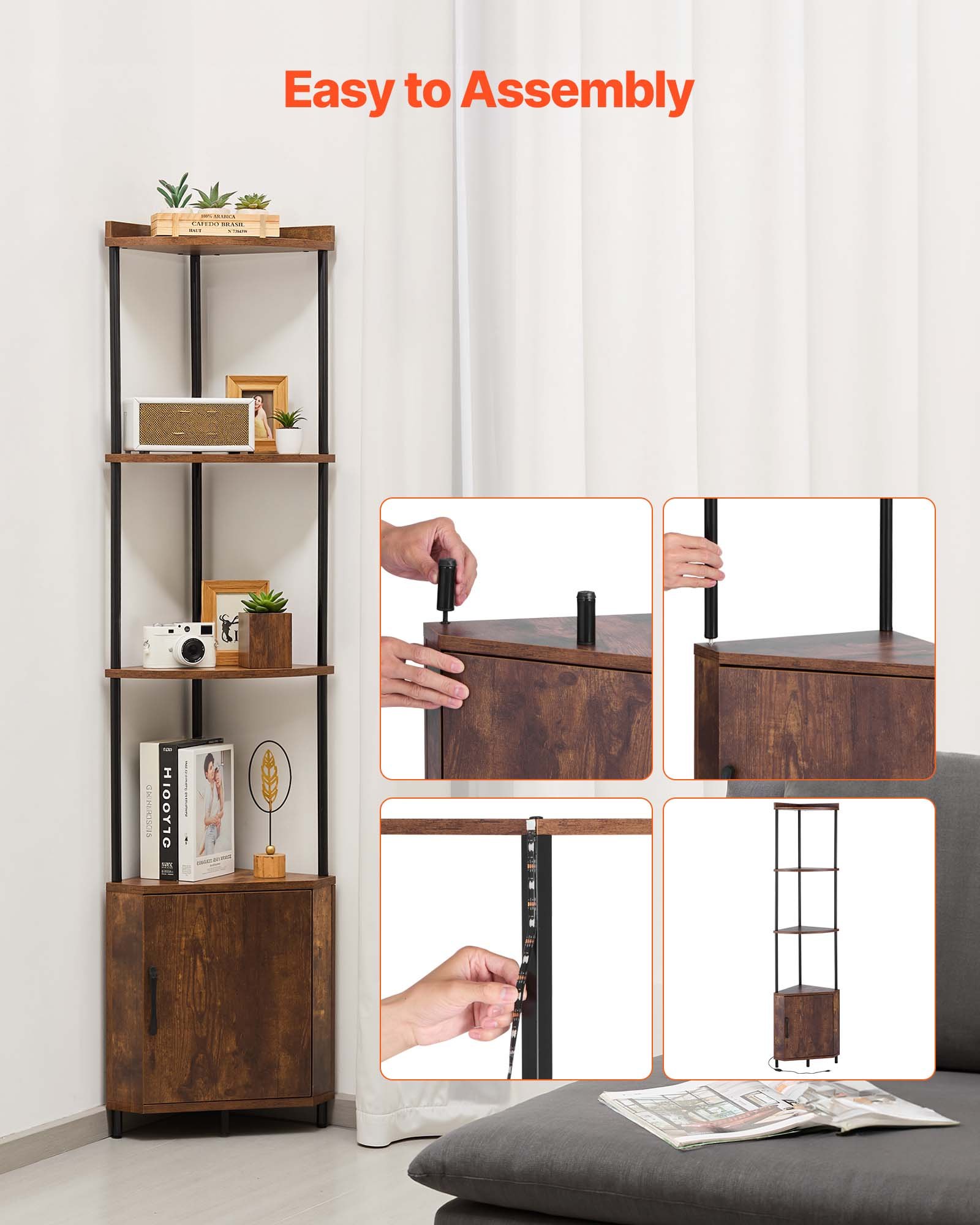 VEVOR 5 Tier Corner Shelf, Tall Corner Stand with LED Light and Doors, Wall Shelves Tower Storage Organizer, Metal Frame & Wooden Shelves, Narrow Display Book Shelf Rack for Home, Office, Rustic Brown