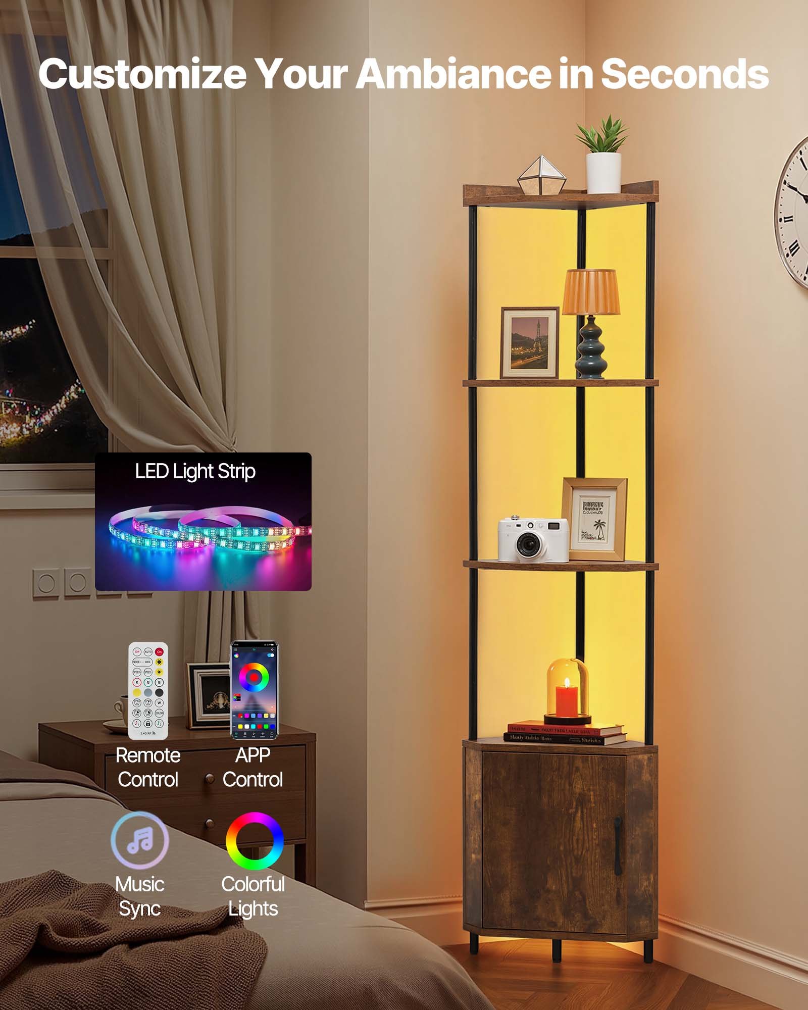 VEVOR Estante de Esquina 5 Niveles con Luz LED y Puertas 30,5x30,5x167,8 cm Estantería de Esquinera con Marco de Metal Estantes de Madera Librería de Almacenamiento para Dormitorio, Sala, Oficina